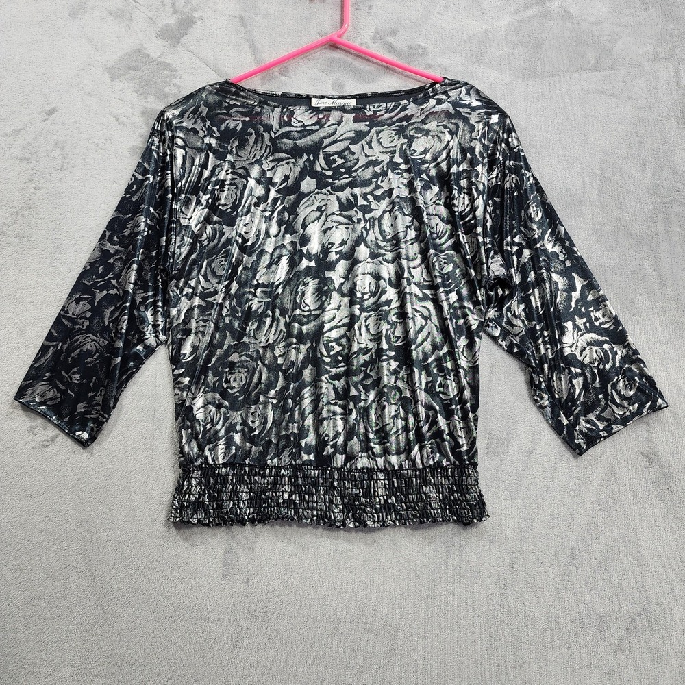 Vintage Jeri Marque Top Womens M Silver Floral Foil Boat Neck Dolman Blouse